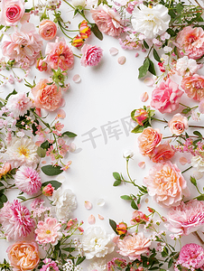 花朵边框设计边框摄影照片_引用“你好春天”边框由白色背景上盛开的花朵制成
