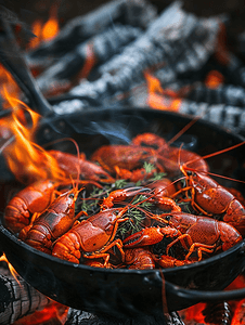 水煮汉虾摄影照片_煮红龙虾或香草龙虾在火上锅中煮龙虾