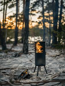 黑色火光摄影照片_森林背景中小铁烤炉立在沙地上火光熊熊