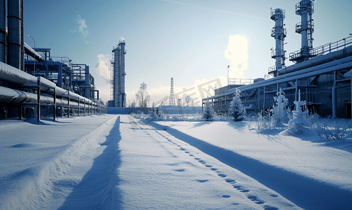 工业类型景观与喇叭工业区在冬天
