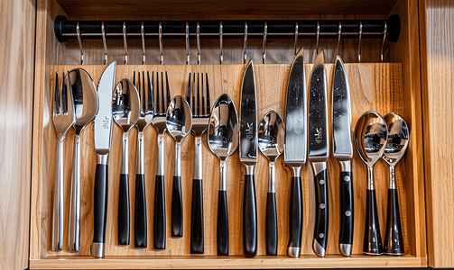厨具清洁摄影照片_厨房橱柜架子上的一套刀叉和勺子