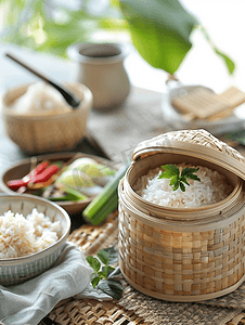 竹柳条糯米篮和蔬菜配菜