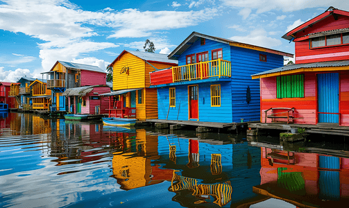 浮动背景摄影照片_拍摄于码头上色彩缤纷的浮动房屋