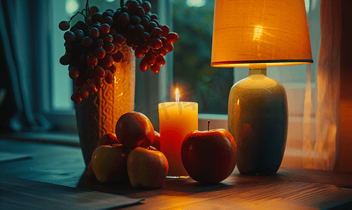 靠近灯的桌子上点燃蜡烛放着一个花瓶里面放着水果、苹果和葡萄