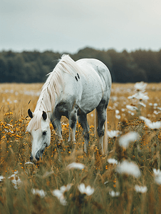 农村动物摄影照片_白马在农田草地上吃草