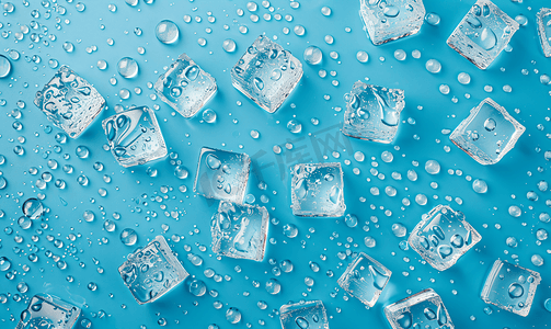 霓虹灯色摄影照片_蓝色背景顶视图上散布着水滴的冰块