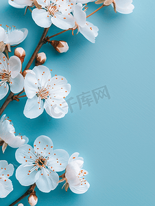 樱花花瓣ai摄影照片_春季背景蓝色背景上的白色樱花