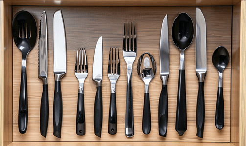刀叉logo摄影照片_厨房橱柜架子上的一套刀叉和勺子
