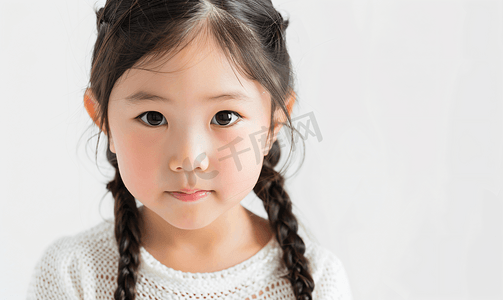 儿童近视摄影照片_白色背景的可爱亚洲儿童的肖