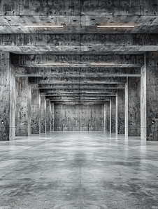 工厂房间摄影照片_大型混凝土房间的空内部如仓库或带聚光灯的机库