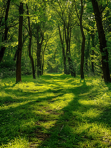 魔法摄影照片_美丽的景色进入茂密的绿色森林明亮的阳光投射出深深的阴影