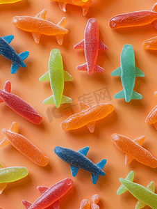 橙色背景开放图案上的果冻糖果彩色果酱飞机