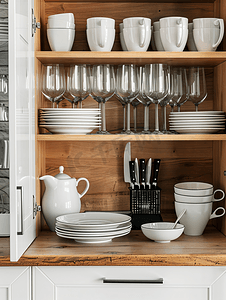 厨房橱柜架子上的一套盘子、杯子、刀叉和酒杯