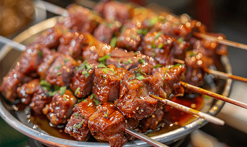快餐街头小吃摄影照片_泰国曼谷食品卡车活动中的猪肉片