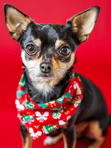 动物玩具背景摄影照片_吉娃娃肖像一只戴着圣诞头巾的迷你吉娃娃狗背景为红色