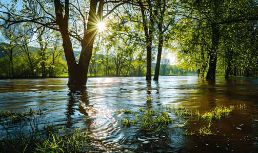 春季洪水河水溢出树木