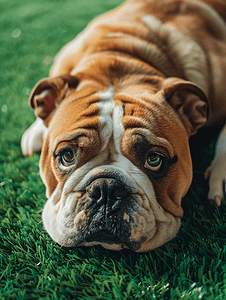 搞笑宠物狗摄影照片_英国斗牛犬小狗躺在绿色的草坪上特写肖像