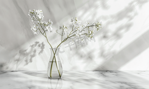 大理石桌面上放有白色花朵的花瓶尽显简约风格