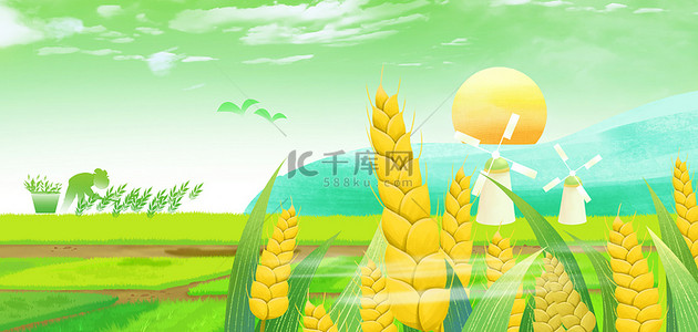 农民绿色背景背景图片_绿色插画风芒种小满农田夏季夏天背景