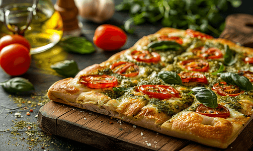 意大利素食意式面包配上香蒜酱放在木盘上奶酪披萨