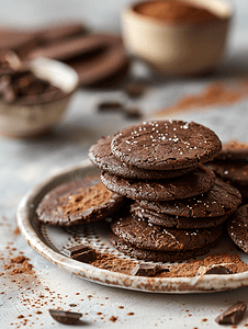 烘焙蛋糕广告图摄影照片_在巧克力饼干上撒上可可粉