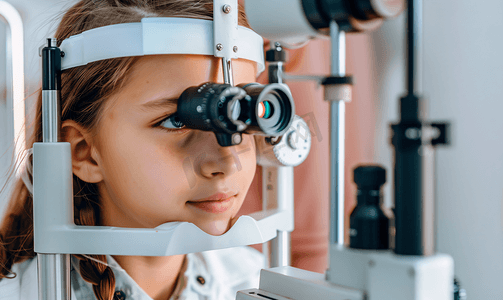 眼科诊断摄影照片_接受眼科检查的女孩在配有特殊设备的