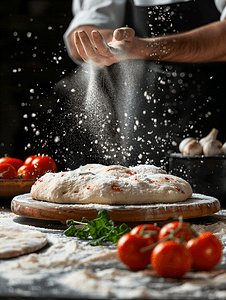 白色桌子桌子摄影照片_厨师在新鲜的披萨面团上撒面粉