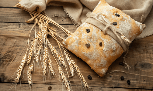 长耳朵摄影照片_枕头葡萄干面包和小麦耳朵和麻袋在木质背景顶视图