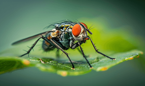 动物眼睛摄影照片_叶上苍蝇飞虫动物与自然的宏观拍摄