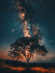圣诞节的发光摄影照片_夜景银河背景树木与夜晚的天空