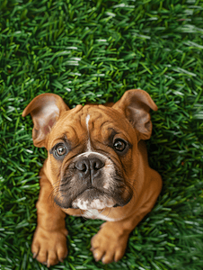 英国斗牛犬小狗躺在绿色的草坪上特写肖像