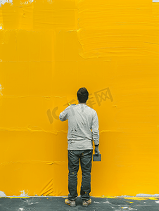 棕色手把摄影照片_画家正在把内墙漆成黄色