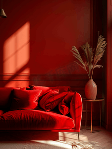 装饰房间配有红色天鹅绒沙发和桌子上的花瓶