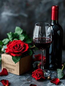 红情人节摄影照片_红玫瑰酒和礼品盒情人节符号