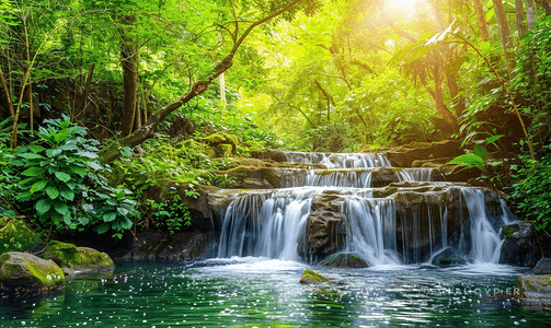 绿色森林背景摄影照片_热带森林瀑布丛林瀑布