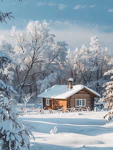 冬季白雪覆盖的花园中的木屋