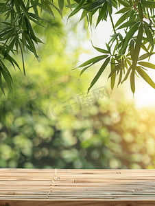绿色桌面背景摄影照片_顶桌与模糊葫芦树背景竹桌