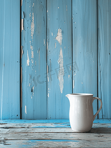 蓝色木质背景上的牛奶罐选择性焦点