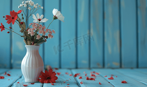 花瓶蓝色摄影照片_情人节配件和蓝色木桌上有花的花瓶顶视图