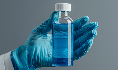 一位医生拿着一个装满蓝色液体的小瓶戴着乳胶手套孤立在灰色上