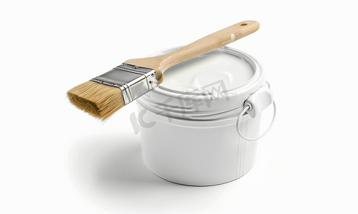 油漆桶摄影照片_白色油漆和刷子绘画工具白色油漆桶