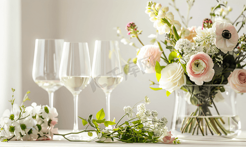 用鲜花和酒杯制作桌子