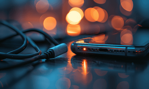 耳机充电摄影照片_现代智能手机插入桌上的电源和音频电缆