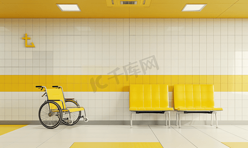 候诊室瓷砖上粘着黄色箭头上的轮椅图