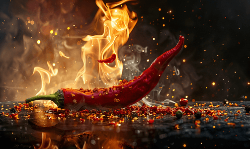 红色火焰摄影照片_在黑暗中燃烧的辣椒红辣椒