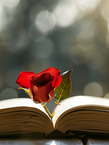 书页弯曲的心形和红玫瑰