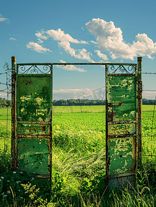 通向绿色田野的大绿色金属门