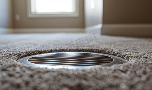 地毯地板环绕的家中圆形金属通风口的特写