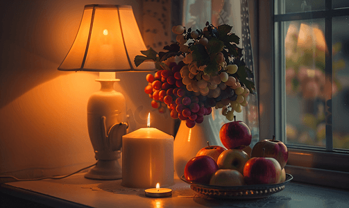 靠近灯的桌子上点燃蜡烛放着一个花瓶里面放着水果、苹果和葡萄