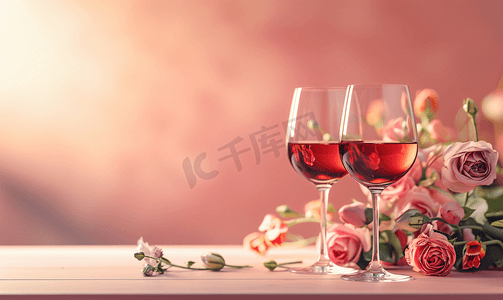 新年春联欢会摄影照片_用鲜花和酒杯制作桌子